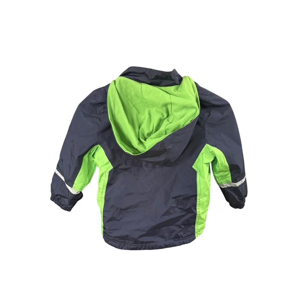 London Fog Boys Navy Blue Neon Green Hooded Windbreaker Jacket Size M 5-6